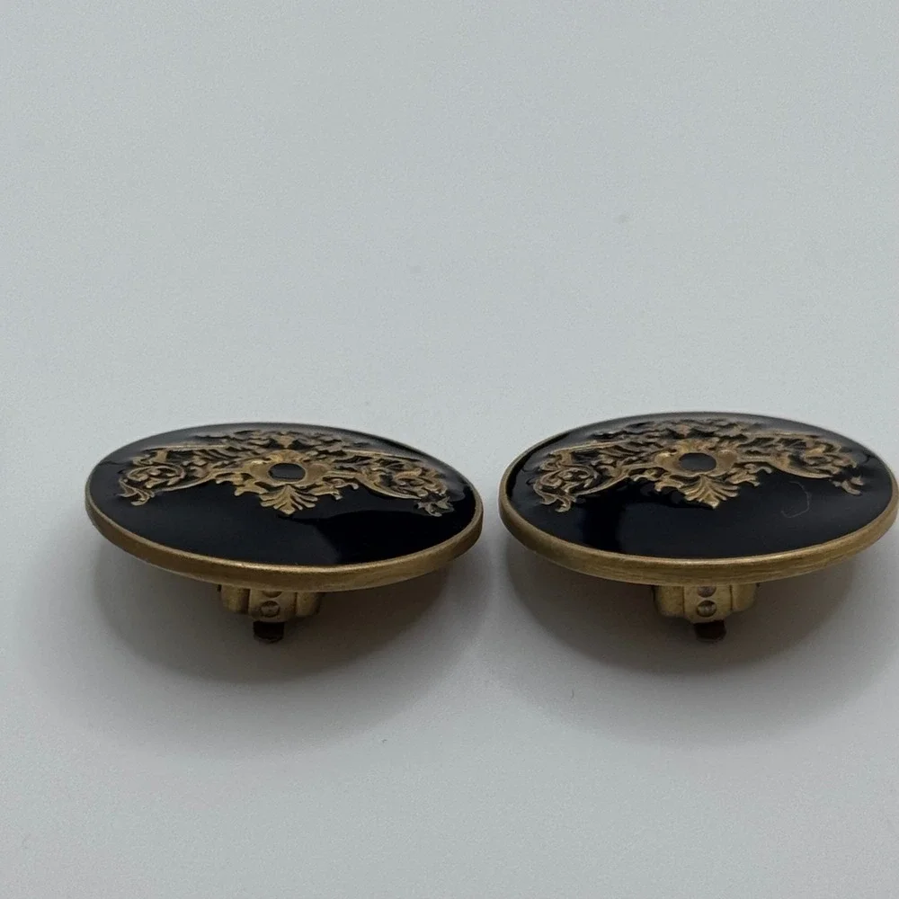 Vintage Museum of Fine Arts MFA Clip On Earrings Black Enamel Gold Tone